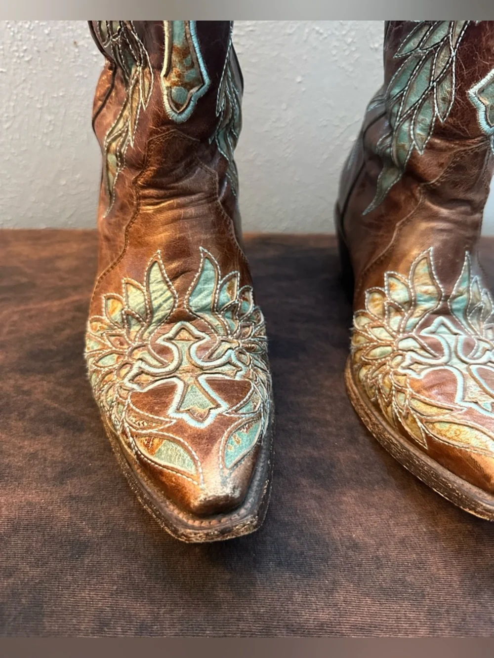 Rock N Soul Couture Embroidered Copper Leather Cowboy Boots Turquoise Accents - Picture 5 of 11